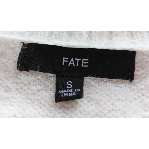 FATE Fuzzy Knit Colorblock Sweater Ivory Burgundy Striped - Cozy & Warm Size S - Picture 4 of 7